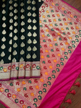 Black Color Traditional Banarasi Silk Handloom Saree with Paithani Border and Pallu | Meenakari Work | Black and Hot Pink Combination Saree - Kaash