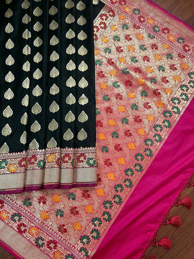 Black Color Traditional Banarasi Silk Handloom Saree with Paithani Border and Pallu | Meenakari Work | Black and Hot Pink Combination Saree - Kaash