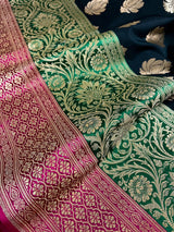 Black with Hot Pink & Green Banarasi saree in banarasi silk with 8.5" wide satin patta border in hot pink & green — Kaash Collection