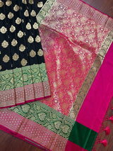 Black with Hot Pink & Green Banarasi saree in banarasi silk with 8.5" wide satin patta border in hot pink & green — Kaash Collection