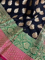 Black with Hot Pink & Green Banarasi saree in banarasi silk with 8.5" wide satin patta border in hot pink & green — Kaash Collection