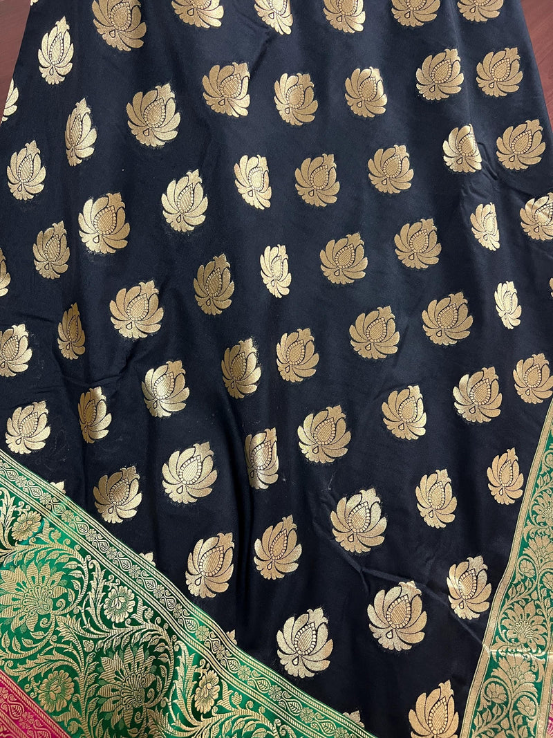 Black Color Traditional Banarasi Silk Handloom Saree with Wide Border | Meenakari and Satin Patta Border - Kaash