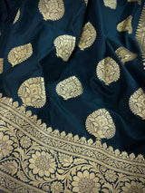 Black with Yellow Gold Banarasi saree in banarasi soft silk with yellow gold muted zari with floral buttas — Kaash Collection
