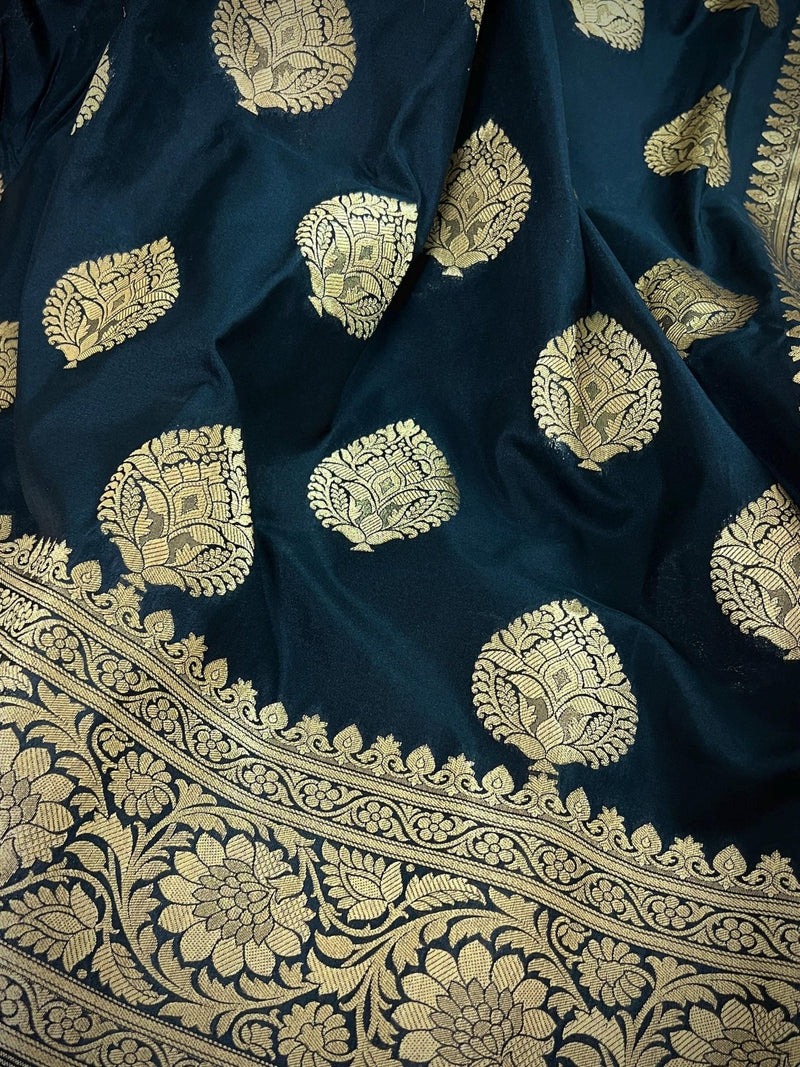 Black with Yellow Gold Banarasi saree in banarasi soft silk with yellow gold muted zari with floral buttas — Kaash Collection