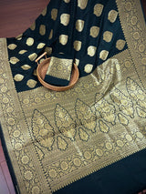 Black with Yellow Gold Banarasi saree in banarasi soft silk with yellow gold muted zari with floral buttas — Kaash Collection