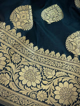 Black with Yellow Gold Banarasi saree in banarasi soft silk with yellow gold muted zari with floral buttas — Kaash Collection