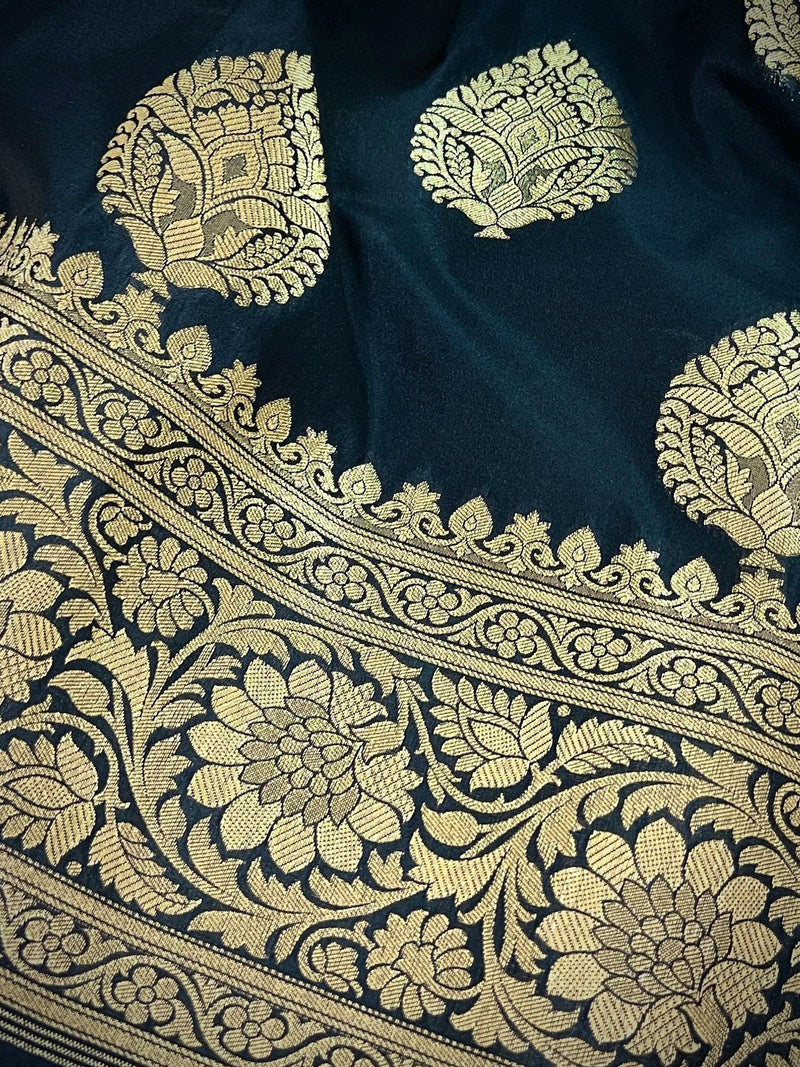 Black Color Traditional Banarasi Soft Silk Saree in Muted Yellow Gold Muted Zari Weave with Buttas and Floral Pattern - Kaash