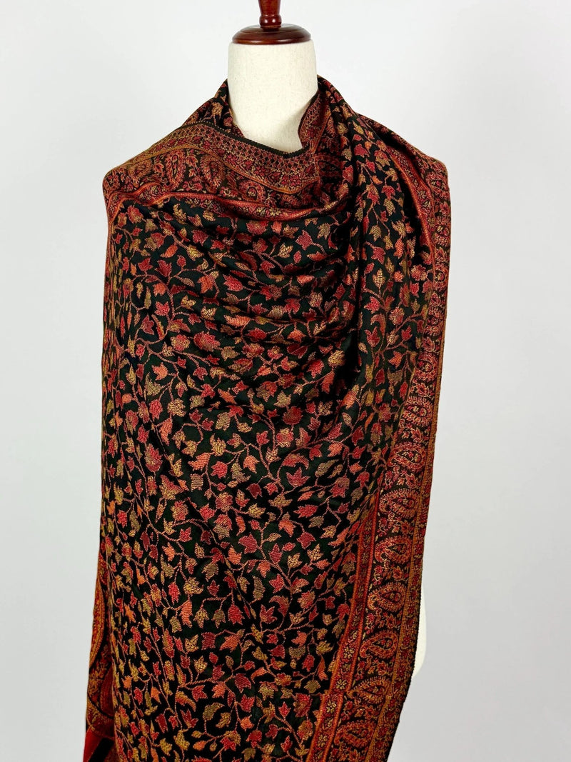 Black viscose blend wool Kashmiri shawl with chinar leaves pattern — Kaash Collection