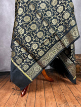 Black Banarasi Floral Jaal Muted dupatta in banarasi silk (non-pure) with floral jaal with muted gold zari — Kaash Collection