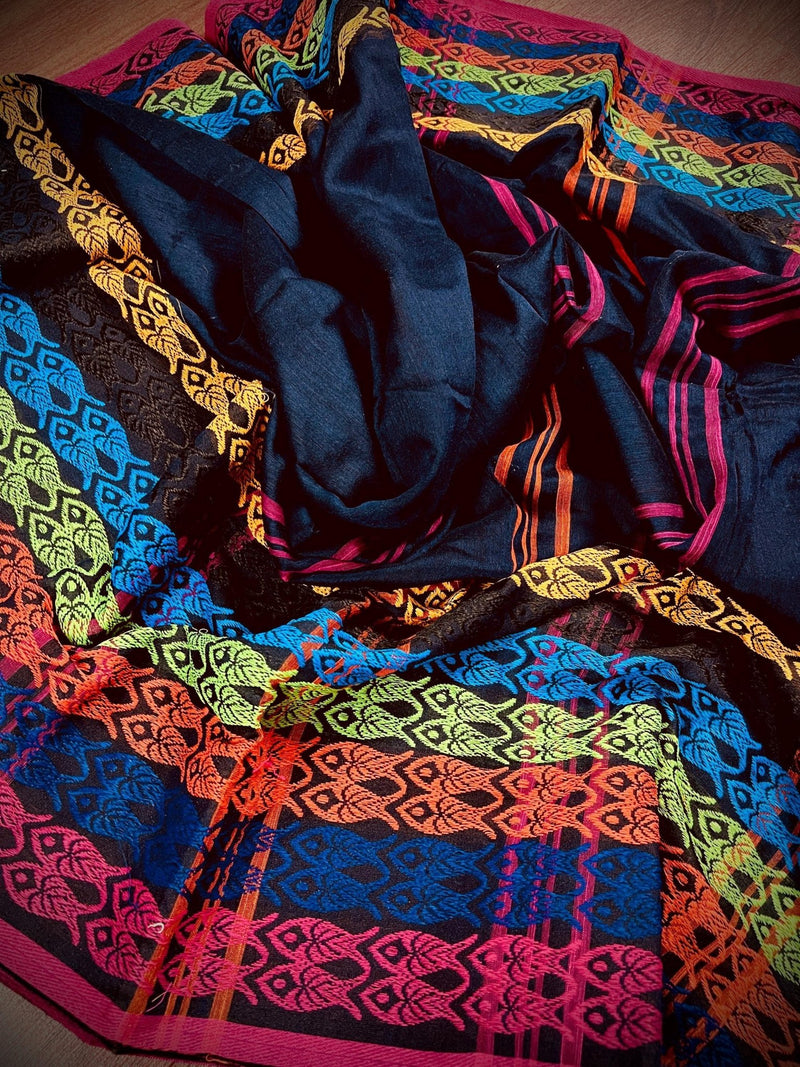 Black Khaadi Cotton with Multi Color Fish Motifs on the Borders - Kaash