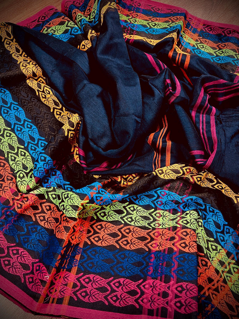 Black Khaadi Cotton with Multi Color Fish Motifs on the Borders | Authentic Handloom Saree | Bengal Sarees | Light Weight Summer Saree - Kaash