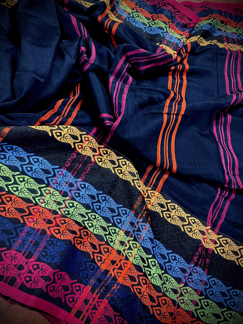 Black Khaadi Cotton with Multi Color Fish Motifs on the Borders | Authentic Handloom Saree | Bengal Sarees | Light Weight Summer Saree - Kaash