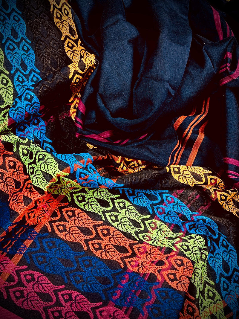 Black Khaadi Cotton with Multi Color Fish Motifs on the Borders | Authentic Handloom Saree | Bengal Sarees | Light Weight Summer Saree - Kaash