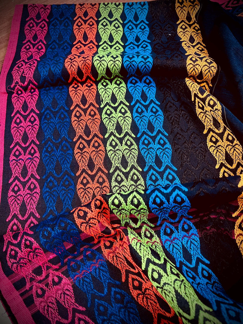 Black Khaadi Cotton with Multi Color Fish Motifs on the Borders | Authentic Handloom Saree | Bengal Sarees | Light Weight Summer Saree - Kaash