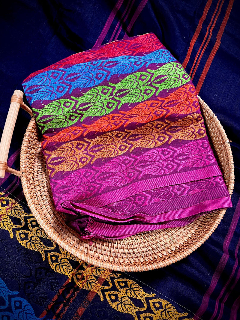 Black Khaadi Cotton with Multi Color Fish Motifs on the Borders | Authentic Handloom Saree | Bengal Sarees | Light Weight Summer Saree - Kaash