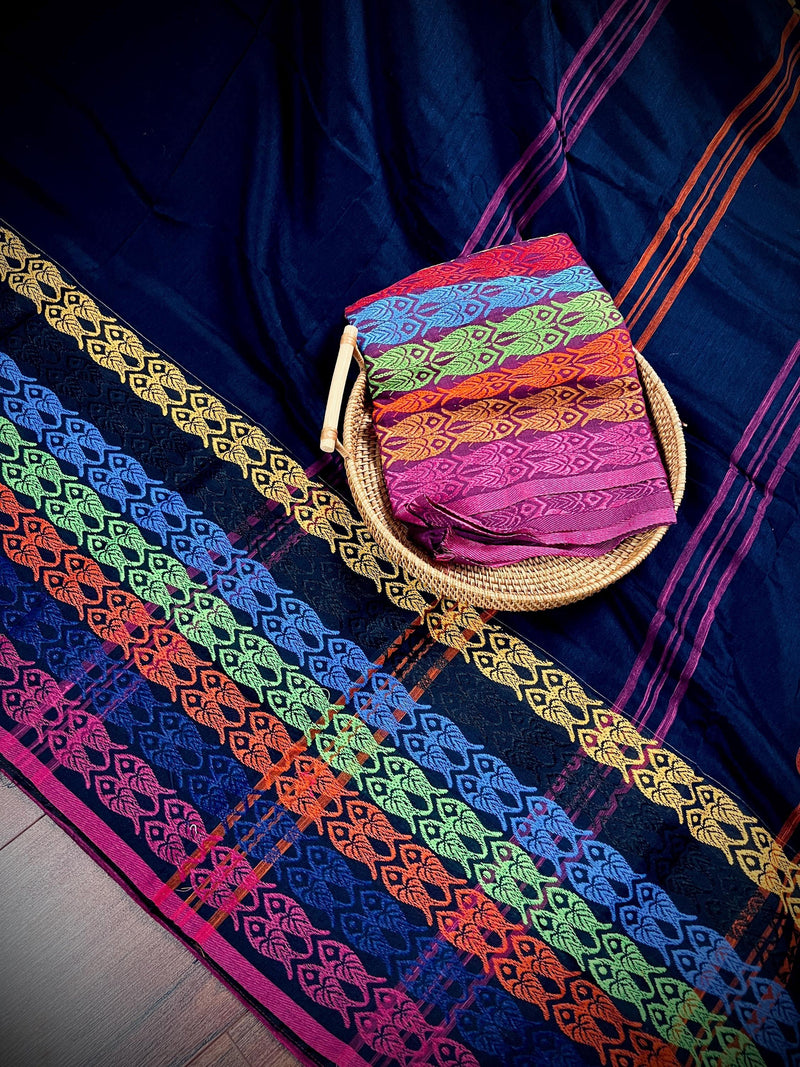 Black Khaadi Cotton with Multi Color Fish Motifs on the Borders | Authentic Handloom Saree | Bengal Sarees | Light Weight Summer Saree - Kaash