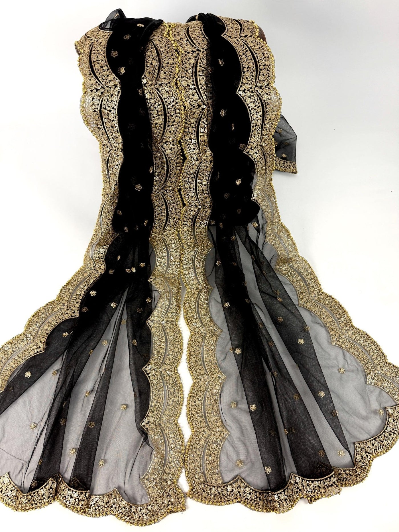 Black Net Dupatta Muted Gold Zari, Sequin & Beads | Kaash Black Net Dupatta Muted Gold Zari, Sequin & Beads | Kaash