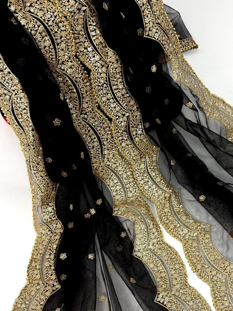 Black net dupatta with muted gold zari, sequin & beads — Kaash Collection