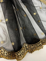 Black net dupatta with muted gold zari, sequin & beads — Kaash Collection