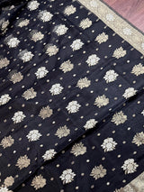 Black Organza Silk Saree with Antique and Sliver Zari, Floral design - Kaash