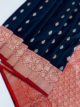 Black Pure Katan Silk Saree with Red Color Border and Pallu - Kaash