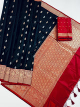 Black Pure Katan Silk Saree with Red Color Border and Pallu - Kaash