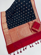 Black Pure Katan Silk Saree with Red Color Border and Pallu - Kaash