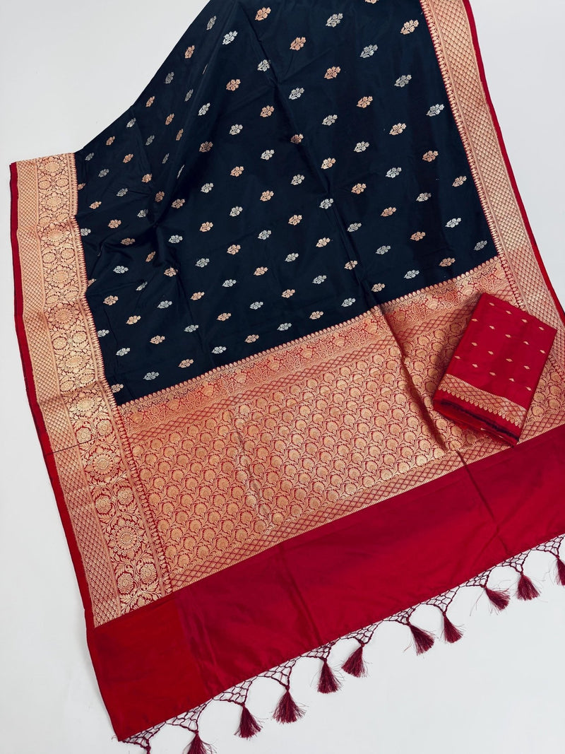 Black Pure Katan Silk Saree with Red Color Border and Pallu - Kaash