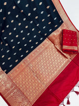 Black Pure Katan Silk Saree with Red Color Border and Pallu - Kaash