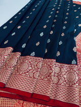 Black Pure Katan Silk Saree with Red Color Border and Pallu - Kaash