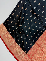 Black Pure Katan Silk Saree with Red Color Border and Pallu - Kaash