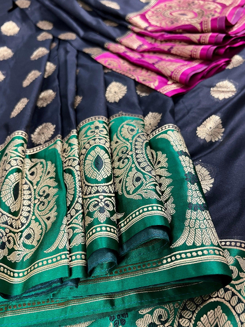 Black Saree with Green and Pink borders and Pallu - Kaash