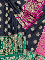 Black Saree with Green and Pink borders and Pallu - Kaash