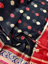 Black Semi Banarasi Soft Silk Saree | Red & Gold Zari Borders - Kaash