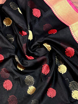 Black Semi Banarasi Soft Silk Saree | Red & Gold Zari Borders - Kaash