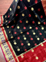 Black Semi Banarasi Soft Silk Saree | Red & Gold Zari Borders - Kaash