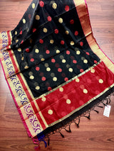 Black Semi Banarasi Soft Silk Saree | Red & Gold Zari Borders - Kaash