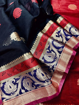 Black Semi Banarasi Soft Silk Saree | Red & Gold Zari Borders - Kaash