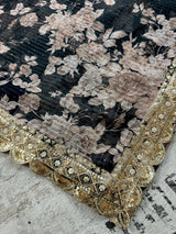Black Soft Organza Party Wear Saree with Floral Digital Prints with Sequence and Zari Work - Kaash