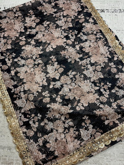 Black Soft Organza Party Wear Saree with Floral Digital Prints with Sequence and Zari Work - Kaash