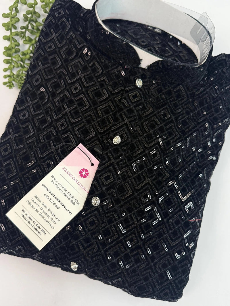 Black Velvet Wedding Party Wear Designer Men Kurta Set with tiny Sequin in black - Kaash