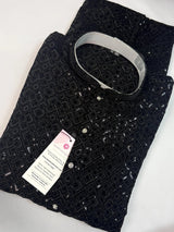 Black Velvet Wedding Party Wear Designer Men Kurta Set with tiny Sequin in black - Kaash