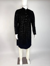 Black Velvet Wedding Party Wear Designer Men Kurta Set with tiny Sequin in black - Kaash