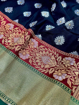 Black with Green Traditional Banarasi Silk Handloom Saree with Paithani Border and Pallu - Kaash