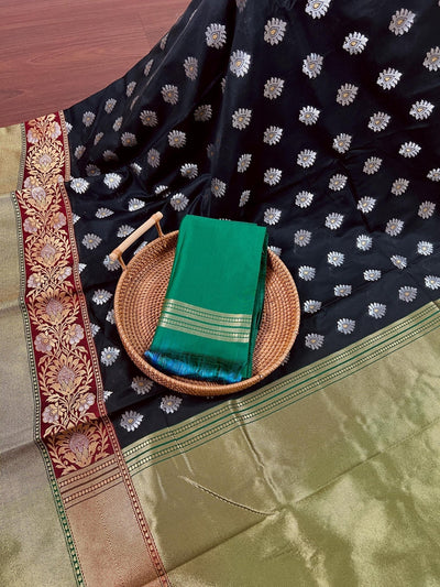 Black with Green Banarasi Paithani saree in banarasi silk with silver buttas with double border & paithani detail — Kaash Collection