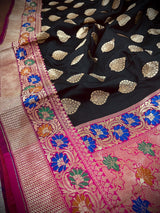 Black with Hot Pink Traditional Banarasi Silk Handloom Saree with Paithani Border and Pallu - Kaash