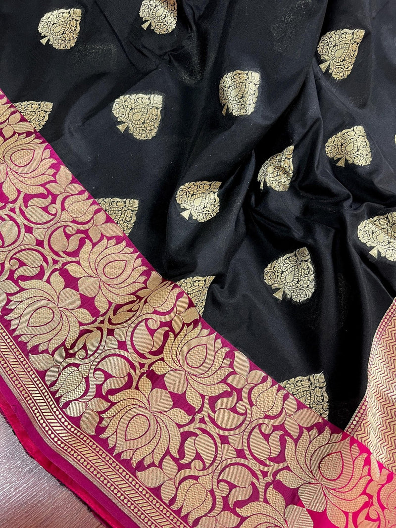 Black with Magenta Pink Banarasi saree in banarasi semi katan silk with double lotus border with butter-soft drape — Kaash Collection