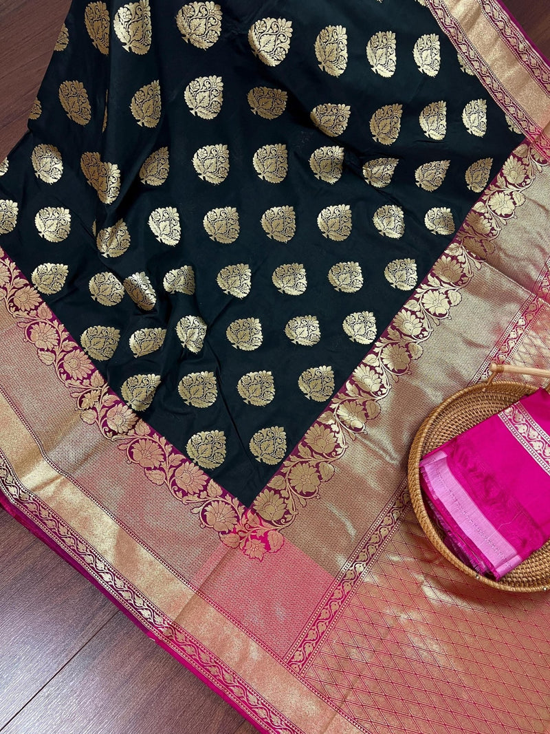 Black & Pink Banarasi saree in banarasi silk with traditional banarasi handweaving — Kaash Collection