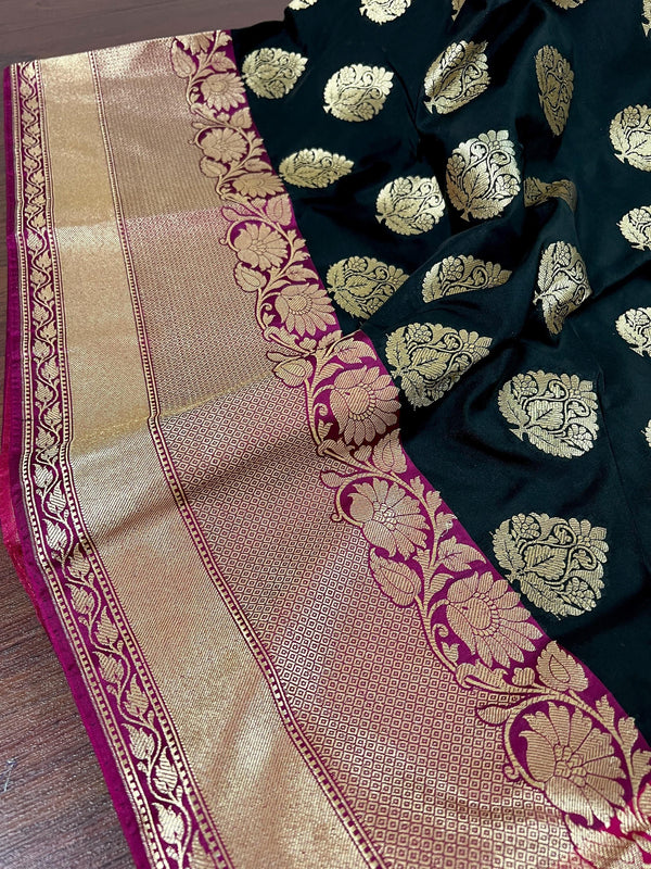 Black with Pink Color Traditional Banarasi Silk Handloom Saree - Kaash