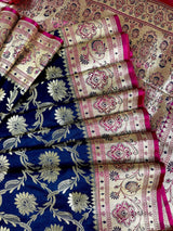 Blue & Hot Pink Banarasi saree in banarasi satin silk with gold zari jaal with hot pink meenakari pallu — Kaash Collection